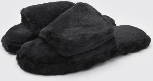 boohoo Pluizige Open Sloffen, Black