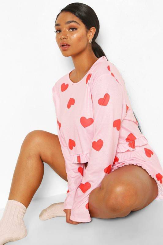 boohoo Plus Pyjama Set Met Franjes En Hartjes, Roze
