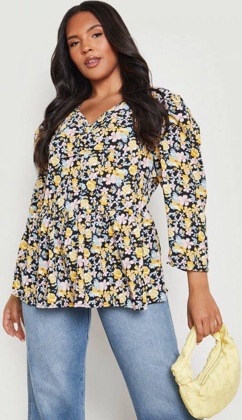 boohoo Plus Bloemen Blouse, Black