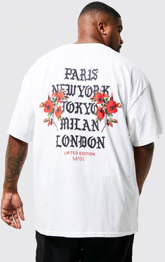 boohoo Plus Bloemen Cities T Shirt Met Rugopdruk, White