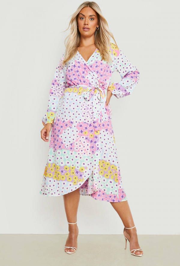 boohoo Plus Bloemen Midi Wikkel Jurk, Multi