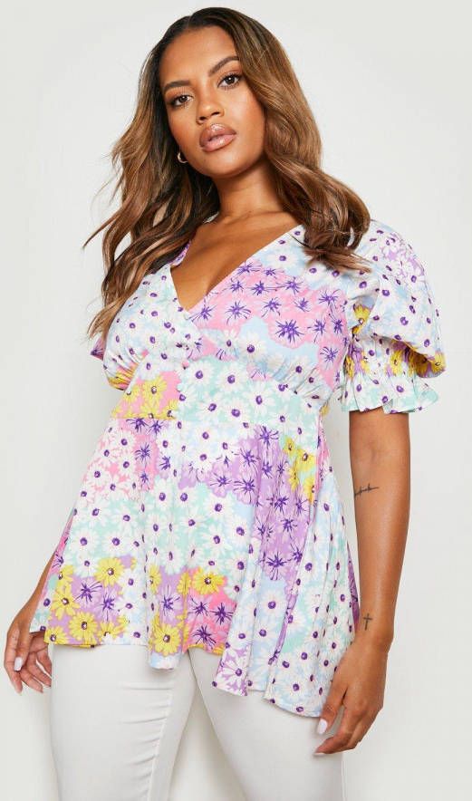 boohoo Plus Bloemen Top Met Pofmouwen, Multi