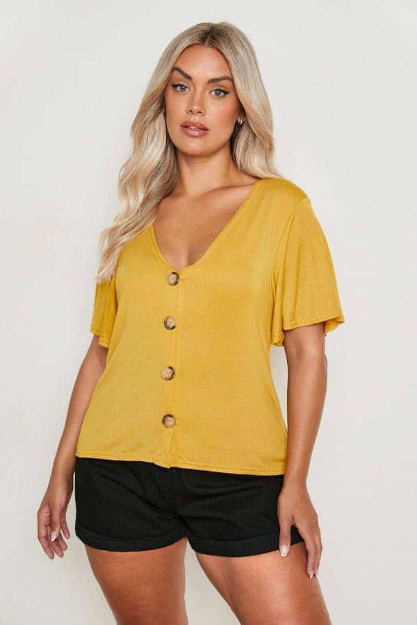 boohoo Plus Blouse Met Nephoornen Knopen En Engelenmouwen, Mustard