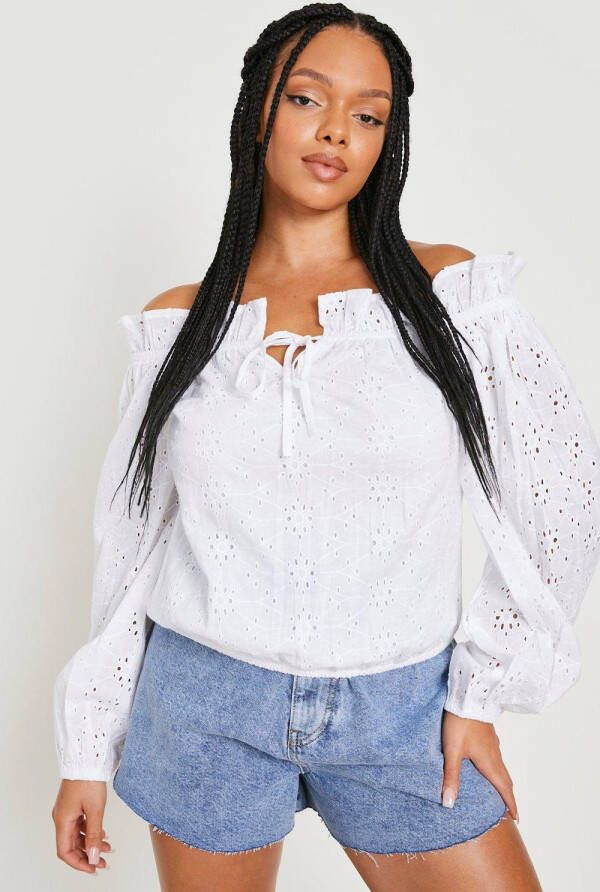 boohoo Plus Broderie Off Shoulder Top, White