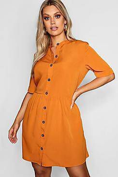 boohoo Plus Gesmokte Jurk Met Knopen, Mustard