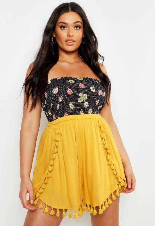 boohoo Plus Gekreukelde Shorts Met Kwastjes, Mosterd