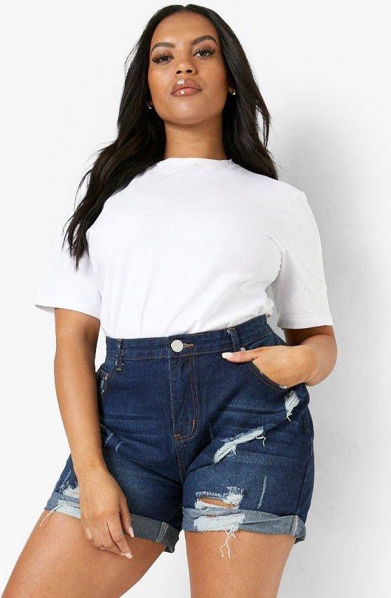 boohoo Plus Denim Shorts Met Omgeslagen Zoom, Blue
