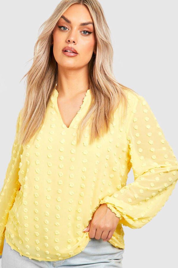 boohoo Plus Dobby Blouse Met Textuur En Strik, Lemon