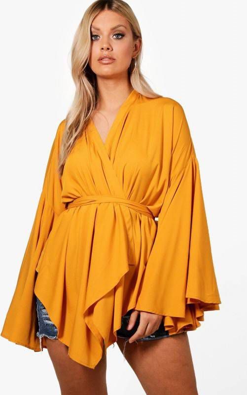 boohoo Plus Wikkel Top Met Extreme Mouwen En Strik, Mustard