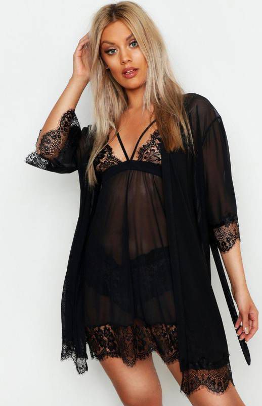 boohoo Plus Kanten En Mesh Ochtendjas, Black