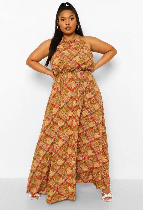 boohoo Plus Bloemenprint Maxi Jurk Met Hoge Hals, Mustard