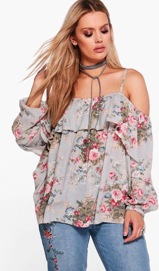 boohoo Plus Bloemenprint Top Met Open Schouders, Multi