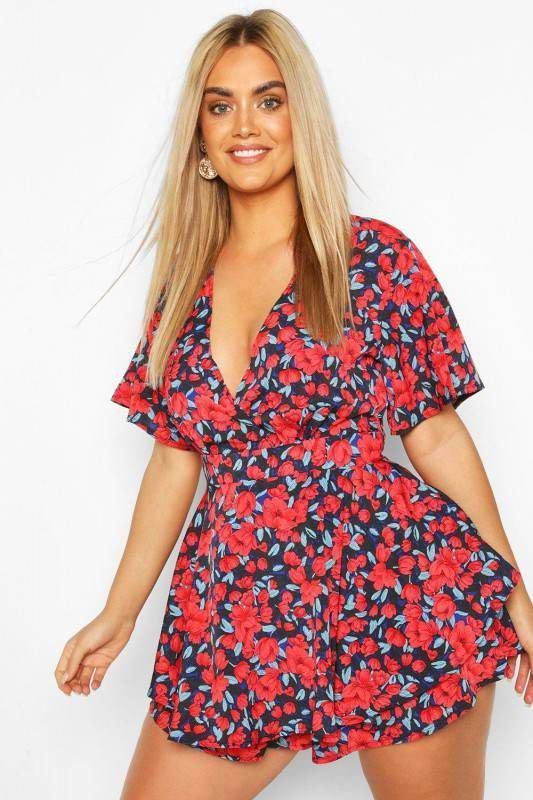 boohoo Plus Bloemenprint Wikkel Skort Romper, Blauw
