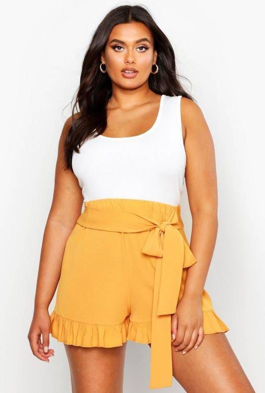 boohoo Plus Losse Geweven Shorts Met Franjes En Strik, Mustard