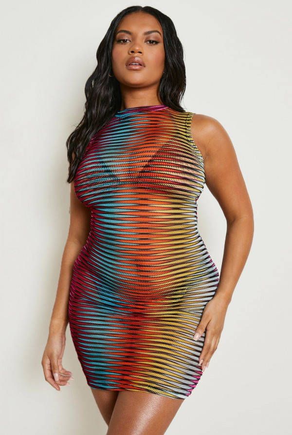 boohoo Plus Gebreide Gestreepte Strand Jurk, Neutral