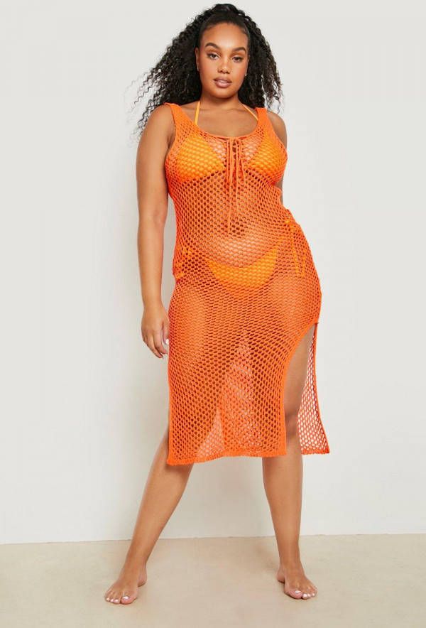 boohoo Plus Gebreide Strand Jurk Met Veters, Orange