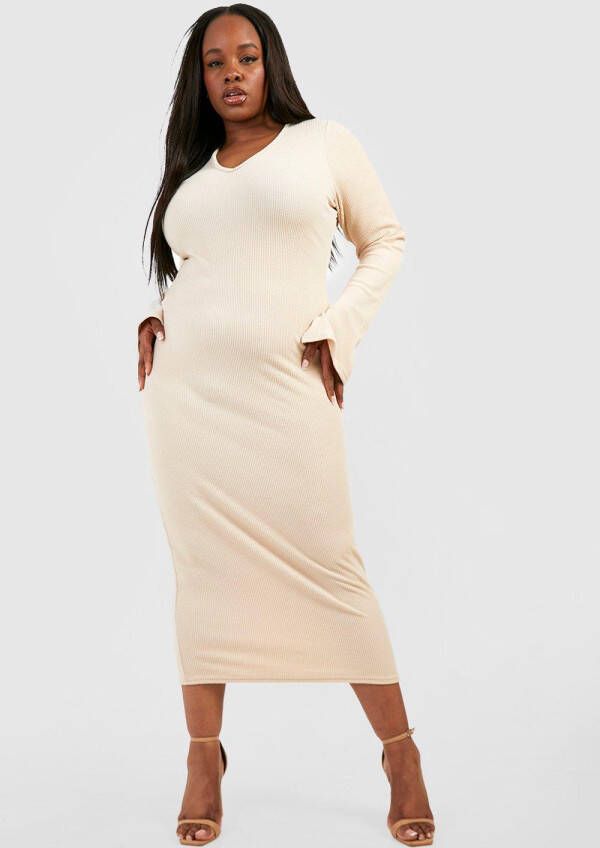 boohoo Plus Gekreukelde Geribbelde Midaxi Jurk Met V Hals En Split, Sand