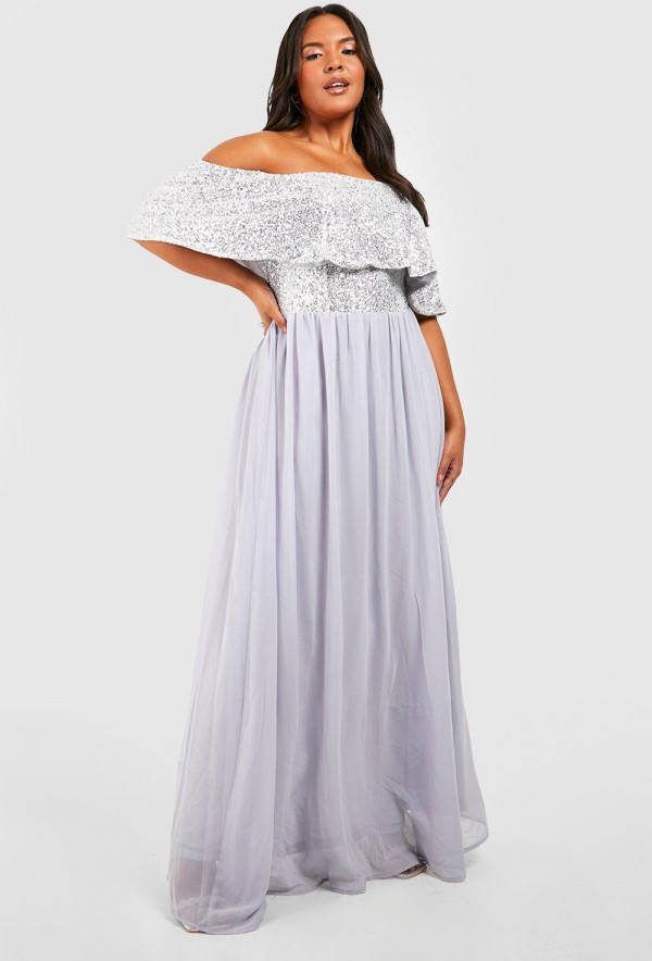 boohoo Plus Gelegenheids Glitter Off Shoulder Maxi Jurk Met Pailletten, Silver