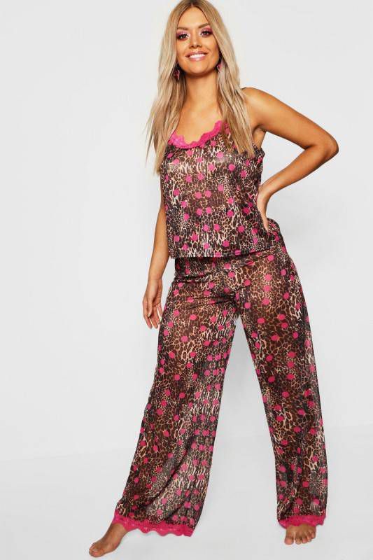 boohoo Plus Gemma Collins Chiffon Leopard Lace Trim Pj Set, Brown