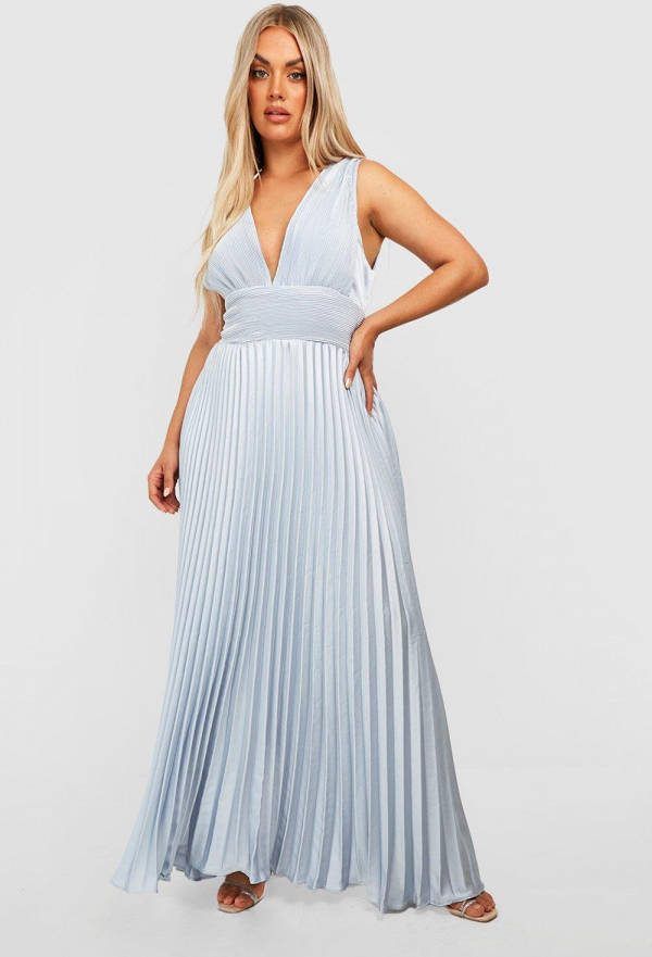 boohoo Plus Geplooide Gelegenheids Maxi Jurk Met Laag Decolleté,, Silver