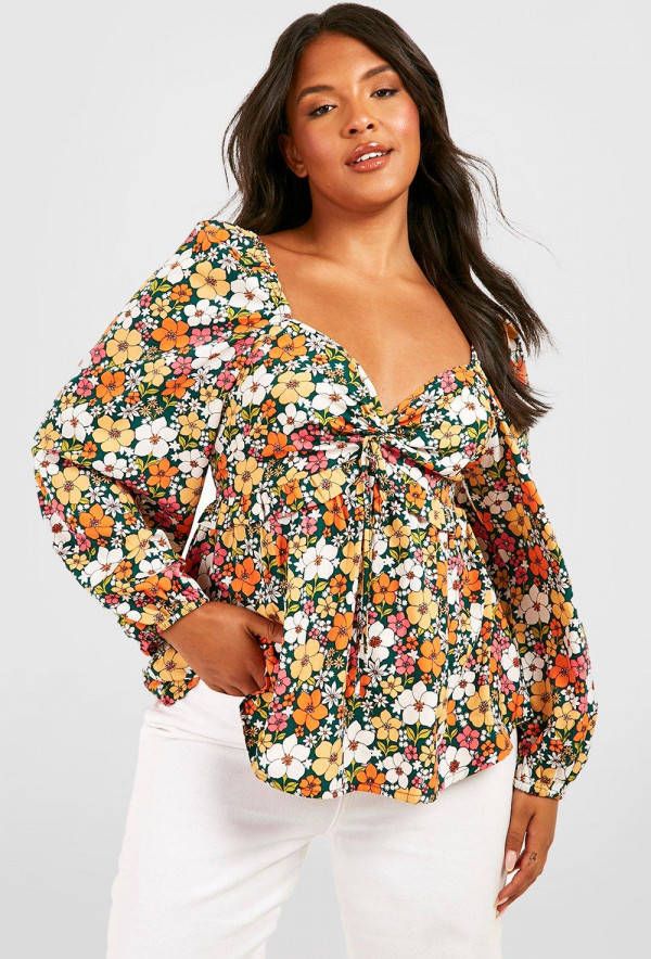 boohoo Plus Geplooide Gesmokte Bloemen Blouse, Multi