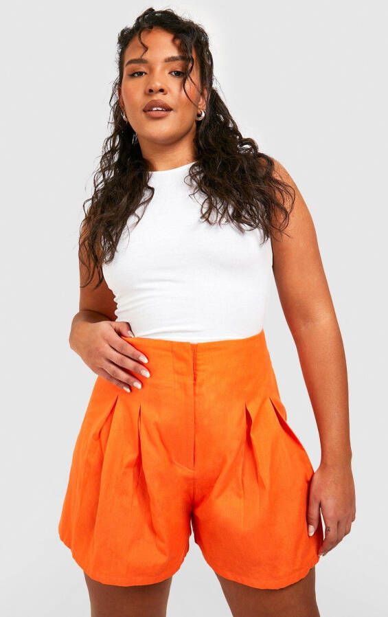 boohoo Plus Geplooide Losse Linnen Shorts, Orange