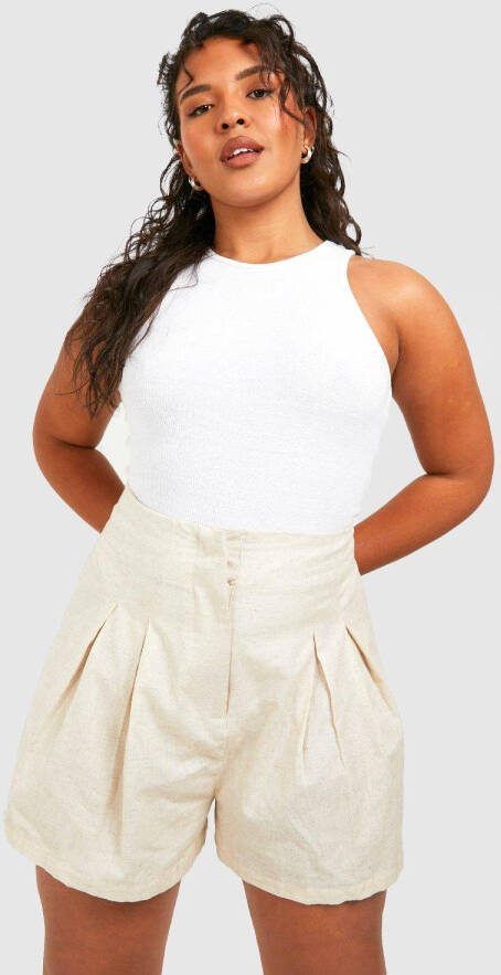 boohoo Plus Geplooide Losse Linnen Shorts, Sand
