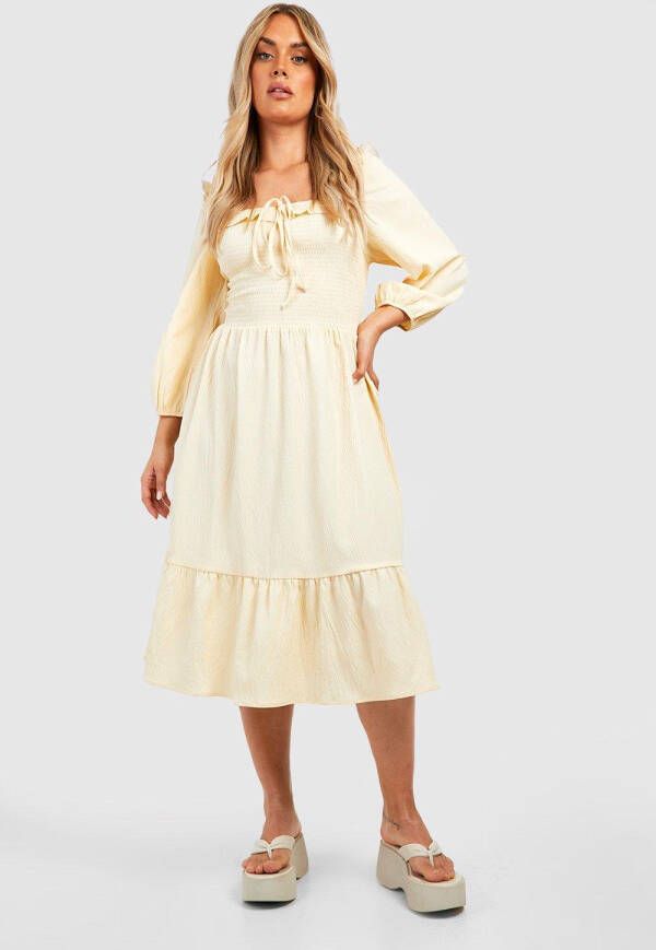 boohoo Plus Geplooide Midi Jurk Met Lijfje En Geplooide Mouwen, Stone
