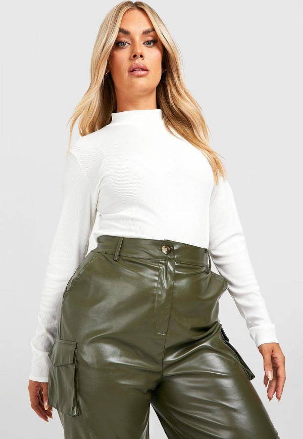 boohoo Plus Geribbelde Met Hoge Hals One Piece, Cream