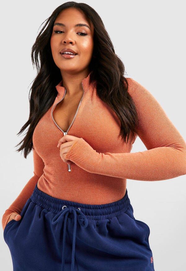boohoo Plus Geribbelde Two Tone One Piece Met Hoge Hals En Rits, Orange