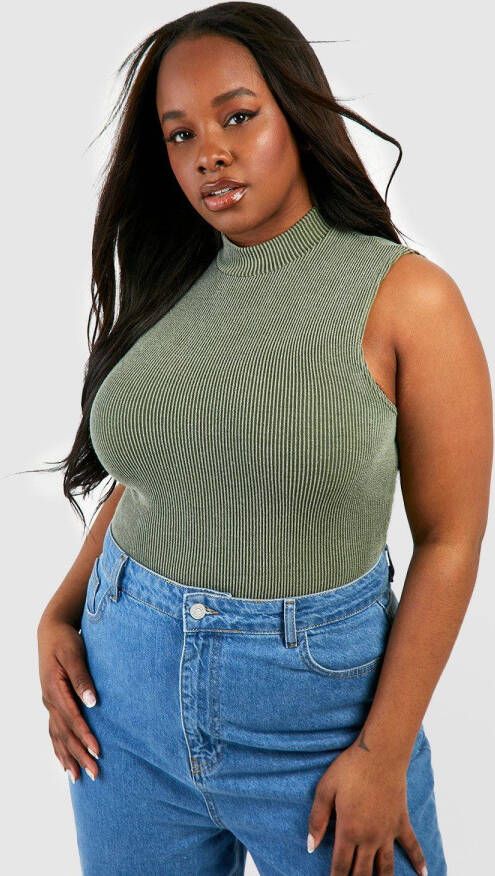 boohoo Plus Geribbelde Two Tone One Piece Met Hoge Hals, Khaki