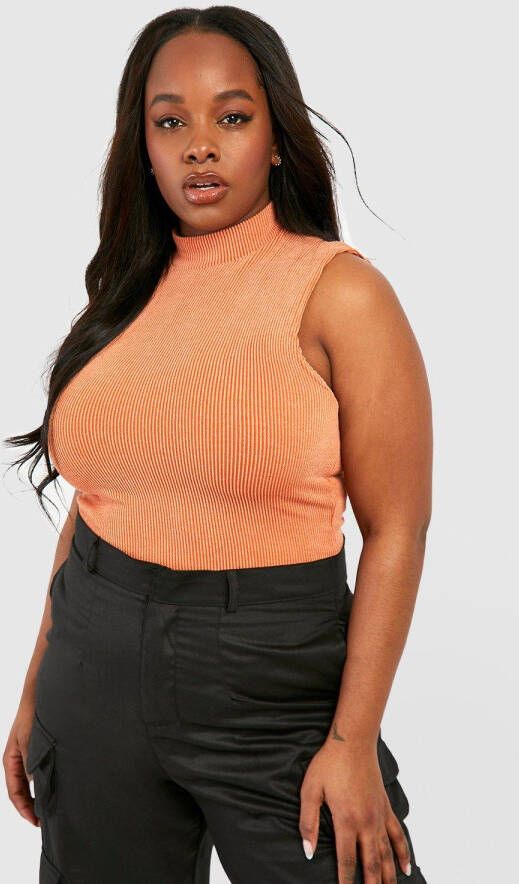 boohoo Plus Geribbelde Two Tone One Piece Met Hoge Hals, Orange