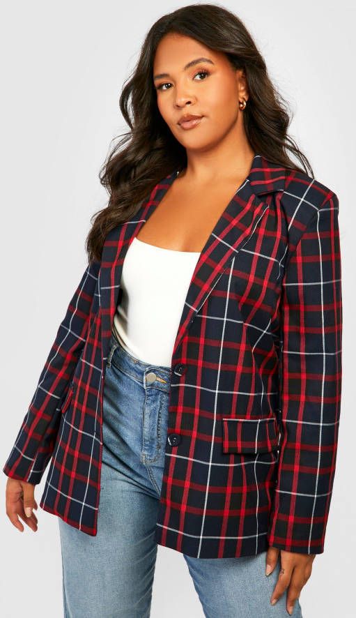 boohoo Plus Geruite Blazer Met Dubbele Knopen, Navy