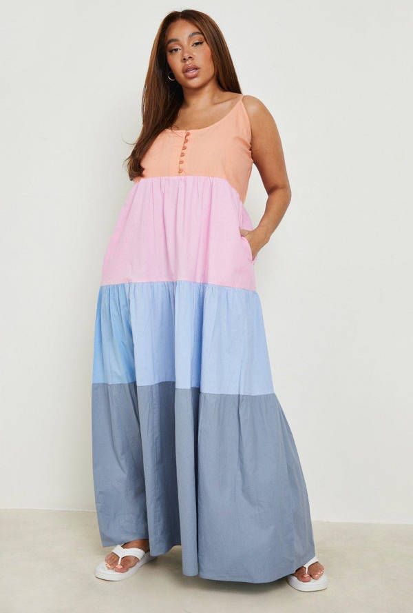 boohoo Plus Gesmokte Colour Block Jurk Met Laagjes, Multi