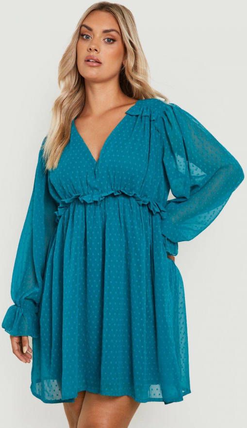 boohoo Plus Gesmokte Dobby Jurk Met Geplooide Taille, Teal