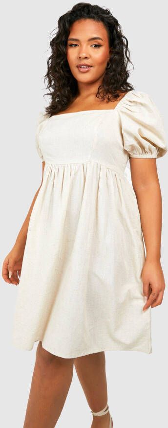 boohoo Plus Gesmokte Jurk Met Pofmouwen, Sand