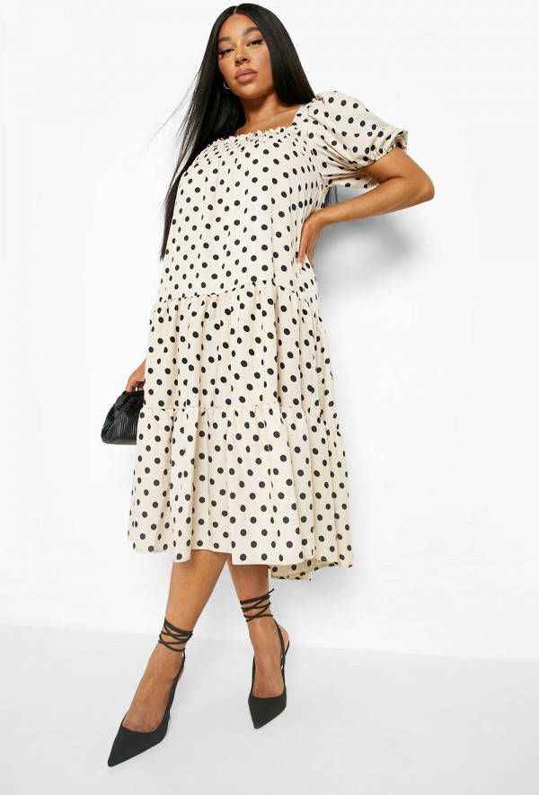 boohoo Plus Gesmokte Jurk Met Stippen En Pofmouwen, Stone