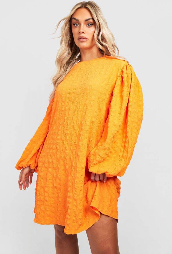 boohoo Plus Gesmokte Jurk Met Textuur En Lange Mouwen, Orange