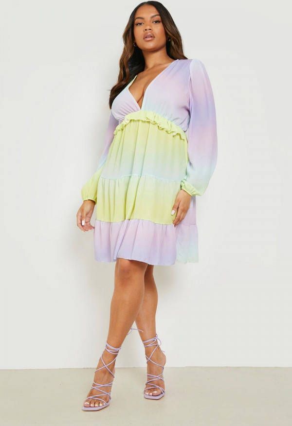 boohoo Plus Gesmokte Ombre Jurk Met Geplooide Taille, Multi