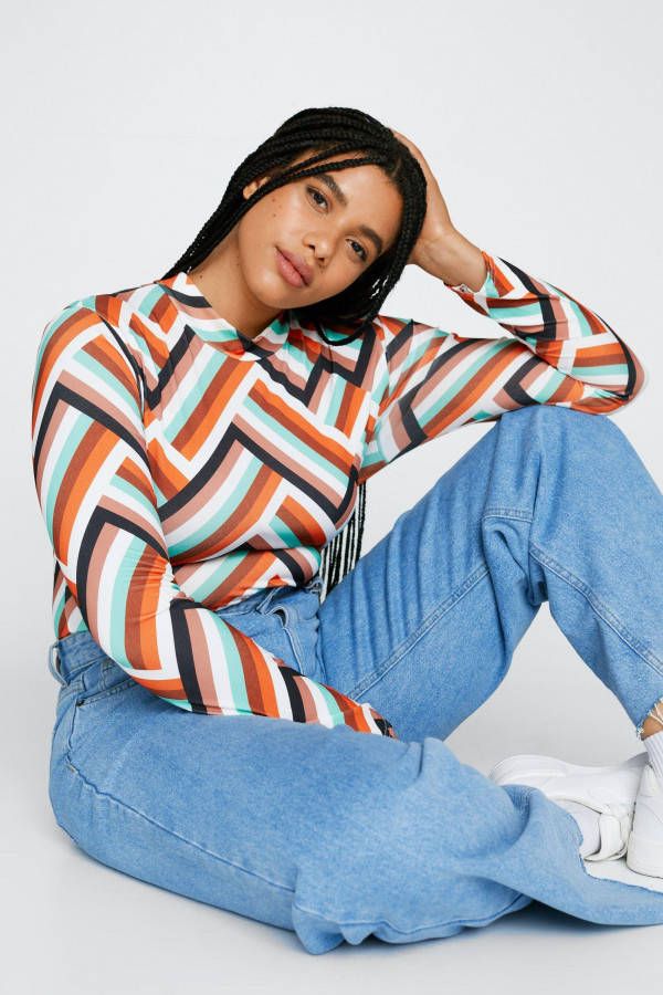 boohoo Plus Gestreepte One Piece Met Hoge Hals, Orange