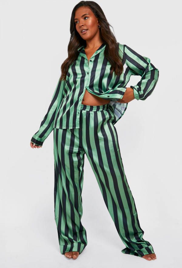 boohoo Plus Gestreepte Pyjama Set Met Broek, Green