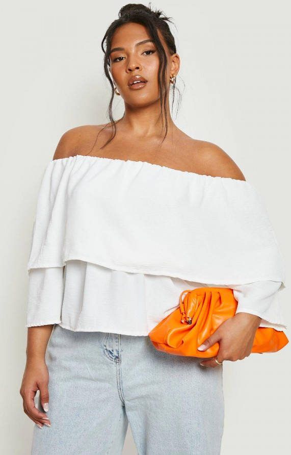 boohoo Plus Geweven Off Shoulder Peplum Top Met Textuur, White