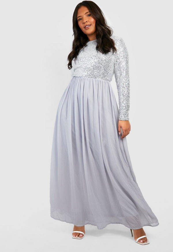 boohoo Plus Glitter Gelegenheids Maxi Jurk Met Pailletten En Lange Mouwen, Silver