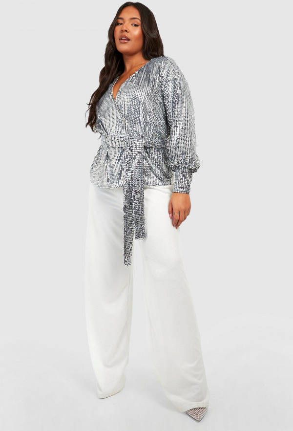 boohoo Plus Glitter Wikkel Blouse Met Pailletten, Silver