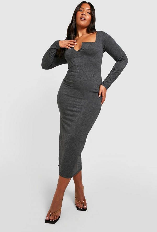 boohoo Plus Jersey Midaxi Jurk Met Inkeping, Grey Marl