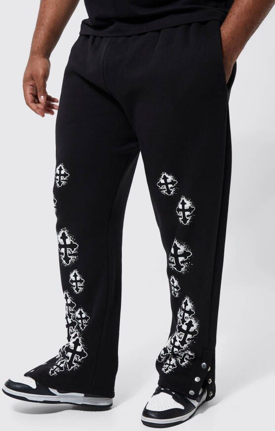 boohoo Plus Joggingbroek Met Badge, Print En Drukknoopjes, Black