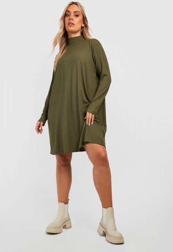 boohoo Plus Jumbo Geribbelde Swing Jurkmet Col, Khaki