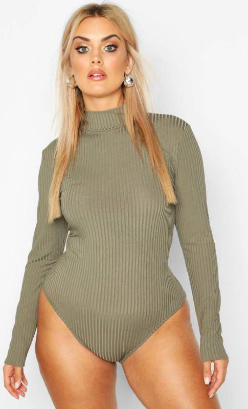 boohoo Plus Jumbo Geribbelde One Piece Met Hoge Hals, Kaki