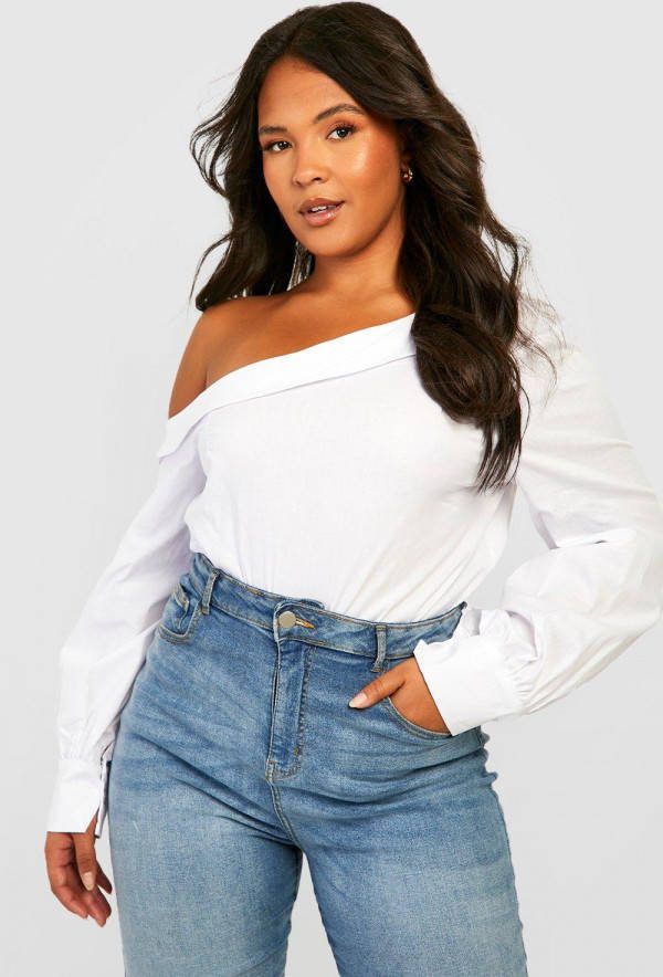 boohoo Plus Katoenen Poplin Off Shoulder Blouse, White