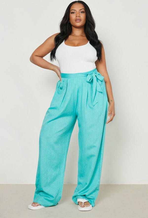 boohoo Plus Linnen Wide Leg Broek Met Ceintuur, Turquoise